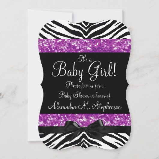 Paarse Glitter Zebra Bow Baby shower Meisje Kaart (Voorkant)