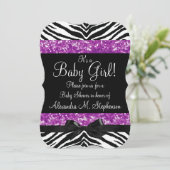 Paarse Glitter Zebra Bow Baby shower Meisje Kaart (Staand voorkant)