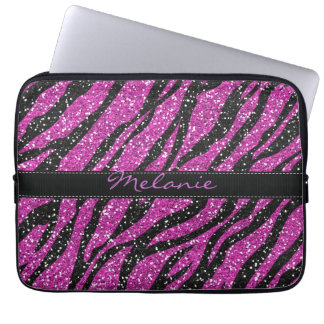 Paarse Glitter Zebra Print Monogram Laptop Sleeve