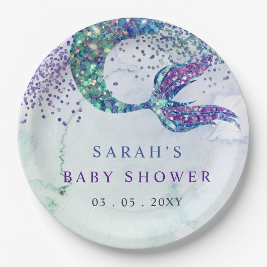 Paarse Glitter Zeemeermin Baby shower Papieren Bordje (Voorkant)