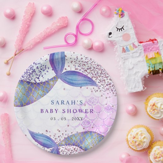 Paarse Glitter Zeemeermin Baby shower Papieren Bordje (Feest)