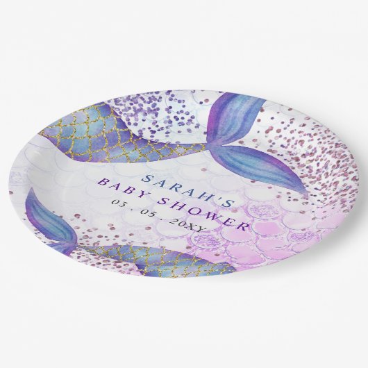 Paarse Glitter Zeemeermin Baby shower Papieren Bordje (Gekanteld)