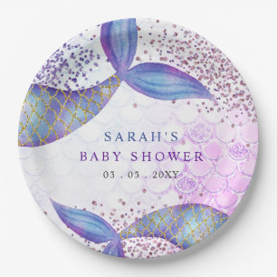 Paarse Glitter Zeemeermin Baby Shower Papieren Bordje