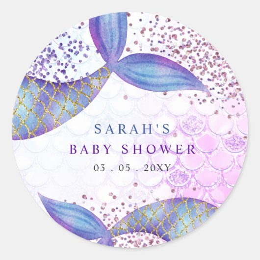 Paarse Glitter Zeemeermin Baby shower Ronde Sticker (Voorkant)