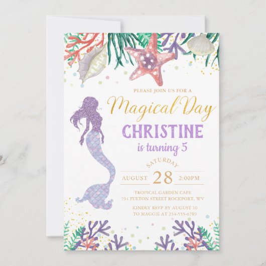 Paarse glitter-zeemeermin onder Zee van de geboort Kaart (Voorkant)