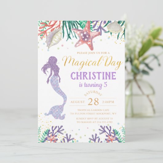 Paarse glitter-zeemeermin onder Zee van de geboort Kaart (Staand voorkant)
