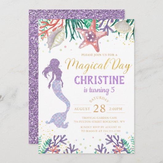 Paarse glitter-zeemeermin onder Zee van de geboort Kaart (Voorkant / Achterkant)