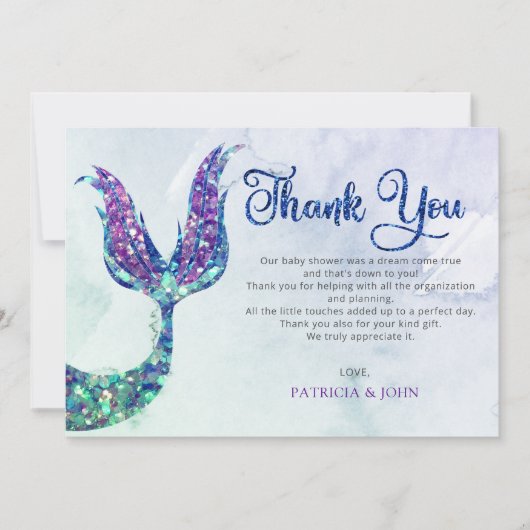 Paarse glitter zeemeermin staart Baby shower Bedankkaart (Voorkant)