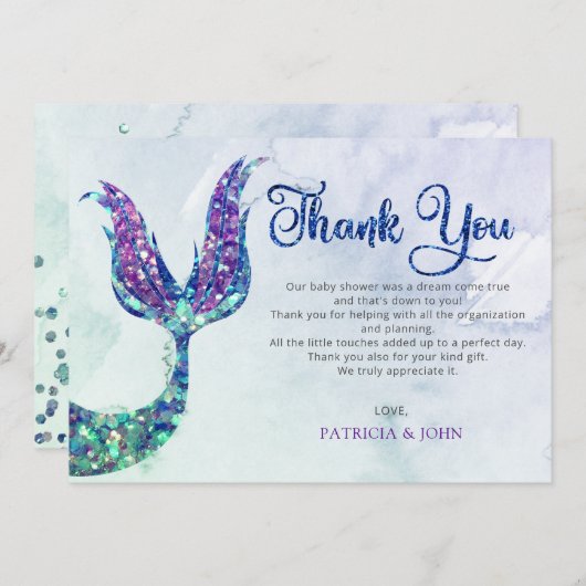 Paarse glitter zeemeermin staart Baby shower Bedankkaart (Voorkant / Achterkant)