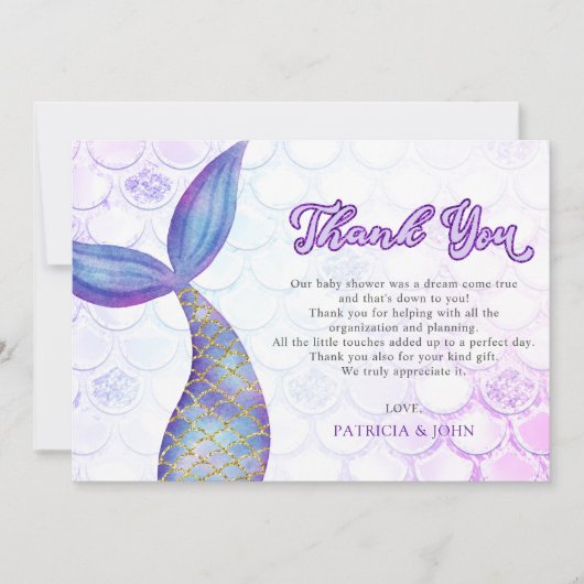 Paarse glitter zeemeermin staart Baby shower Bedankkaart (Voorkant)