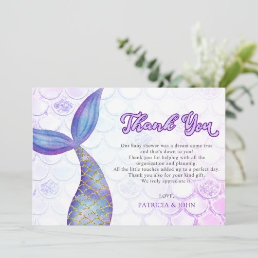 Paarse glitter zeemeermin staart Baby shower Bedankkaart (Staand voorkant)