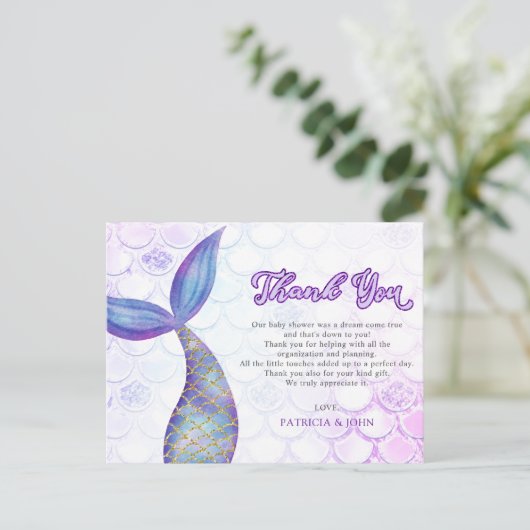 Paarse glitter zeemeermin staart Baby shower dank  Briefkaart (Staand voorkant)