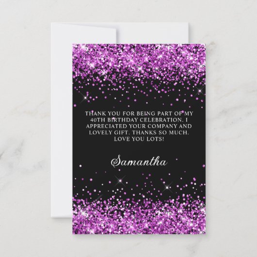 Paarse Glitter Zwart 40e Verjaardag Bedankkaart (Achterkant)