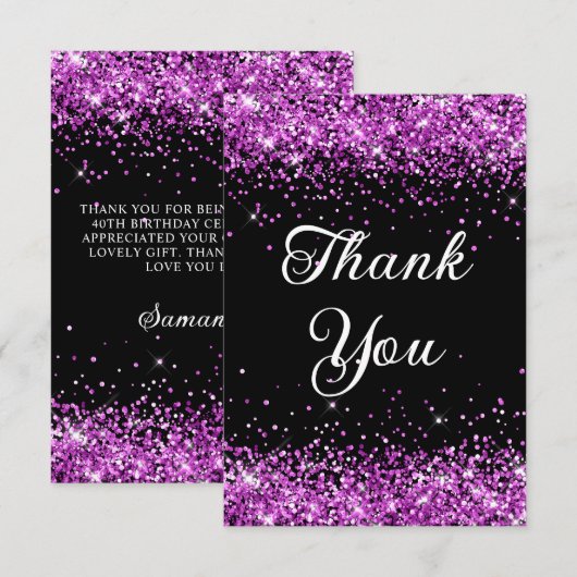 Paarse Glitter Zwart 40e Verjaardag Bedankkaart (Voorkant / Achterkant)