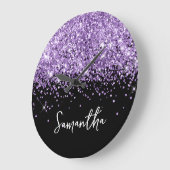 Paarse Glitter Zwarte Script Naam Grote Klok (Hoek)