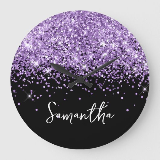 Paarse Glitter Zwarte Script Naam Grote Klok (Voorkant)