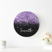 Paarse Glitter Zwarte Script Naam Grote Klok (Huis)