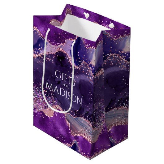 Paarse glitterachtige agaattextuur medium cadeauzakje (Voorkant Gekanteld)