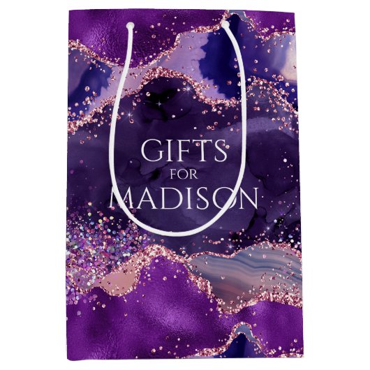 Paarse glitterachtige agaattextuur medium cadeauzakje (Voorkant)