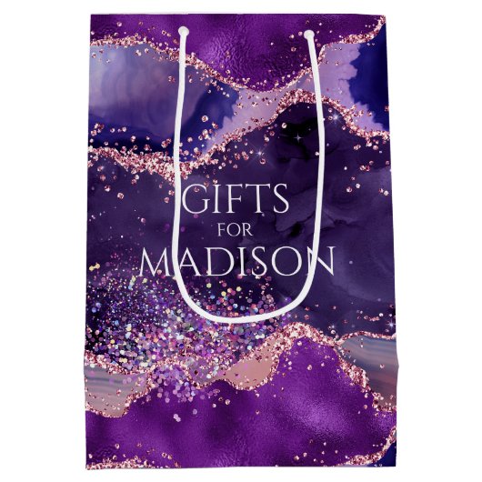 Paarse glitterachtige agaattextuur medium cadeauzakje (Achterkant)