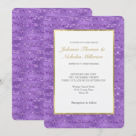 Paarse glitterachtige strepen bruiloft kaart (Voorkant / Achterkant)