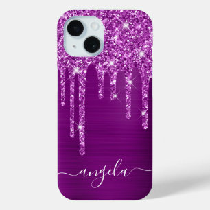 Paarse Glitterdruppels Glam Meisjesachtige Handtek iPhone 15 Case