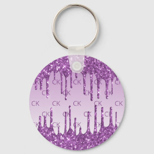 Paarse glitterdruppels monogram initialen sleutelhanger