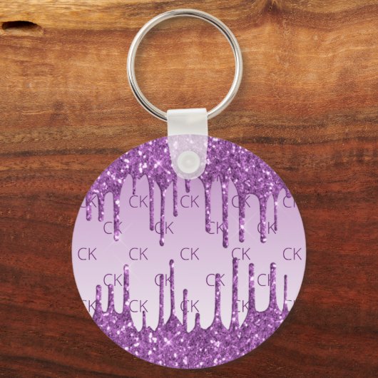 Paarse glitterdruppels monogram initialen sleutelhanger (Voorkant)