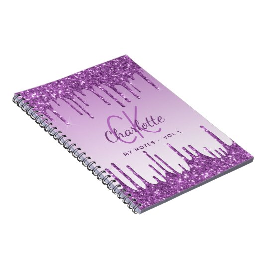 Paarse glitterdruppels violet monogram 2023 notitieboek (Rechterzijde)