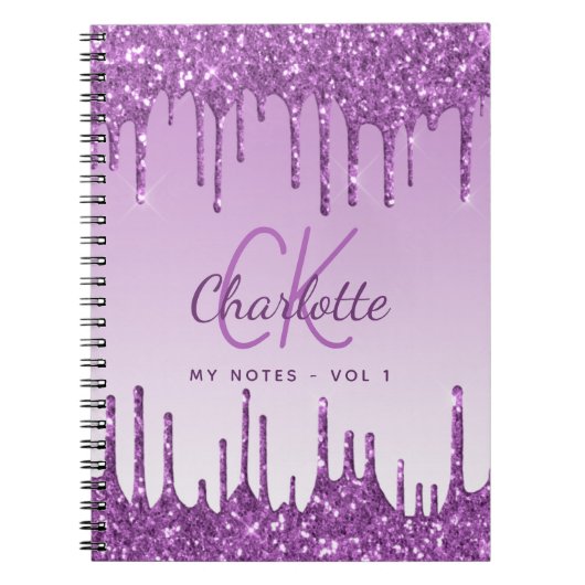 Paarse glitterdruppels violet monogram 2023 notitieboek (Voorkant)