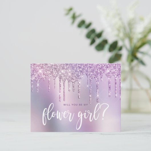 Paarse glitterdruppels zijn mijn bloemmeisje uitnodiging briefkaart (Staand voorkant)