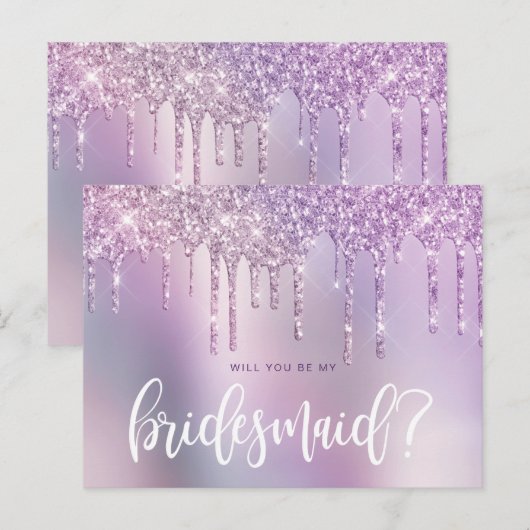 Paarse glitterdruppels zijn mijn bruidsmeisje uitnodiging briefkaart (Voorkant / Achterkant)