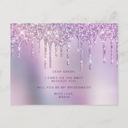 Paarse glitterdruppels zijn mijn bruidsmeisje uitnodiging briefkaart (Achterkant)