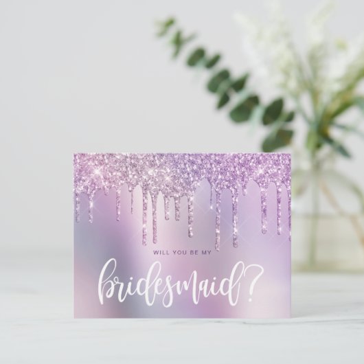 Paarse glitterdruppels zijn mijn bruidsmeisje uitnodiging briefkaart (Staand voorkant)