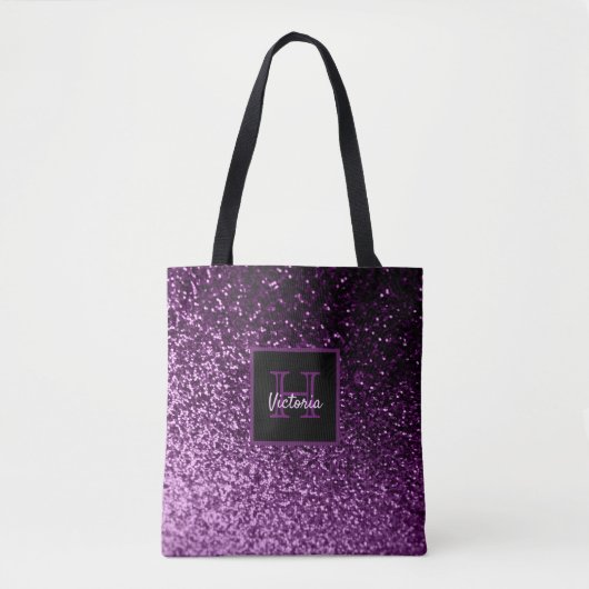 Paarse glitterglazen glanzige korrelig, monogramma tote bag (Voorkant)