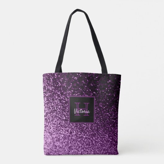 Paarse glitterglazen glanzige korrelig, monogramma tote bag (Achterkant)