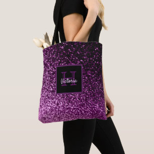 Paarse glitterglazen glanzige korrelig, monogramma tote bag