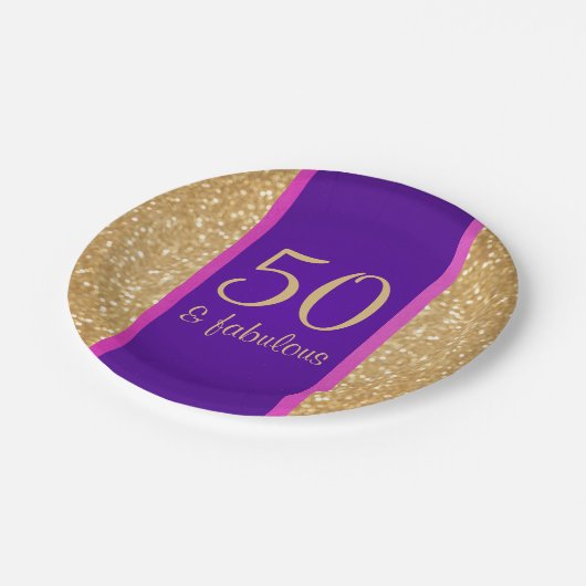 Paarse & Glitterij 50 & Fabulous 50ste Verjaardag Papieren Bordje (Gekanteld)