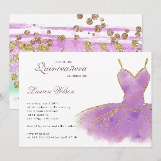 Paarse glitterjurk Quinceanera Uitnodiging (Voorkant / Achterkant)