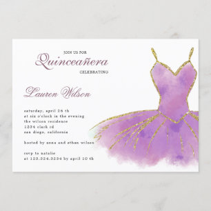 Paarse glitterjurk Quinceanera Uitnodiging