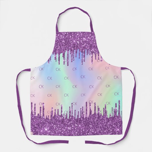 Paarse glitterroze holografische monogram initiale schort (Voorkant)