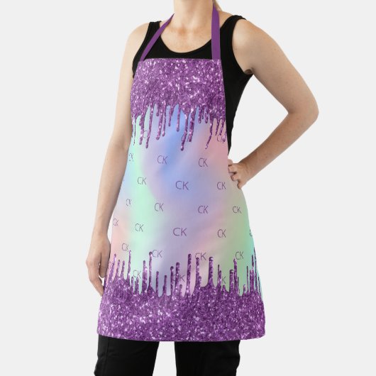 Paarse glitterroze holografische monogram initiale schort (Insitu)