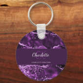 Paarse glitterroze roze gekleurde marmer-monogram sleutelhanger (Voorkant)