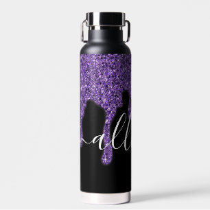 Paarse glitters drip gepersonaliseerd  waterfles