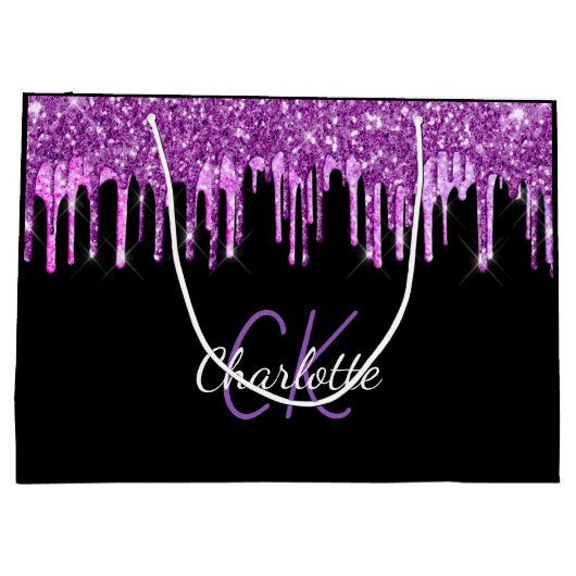 Paarse glitters druppels zwart roze monogram glans groot cadeauzakje (Achterkant)