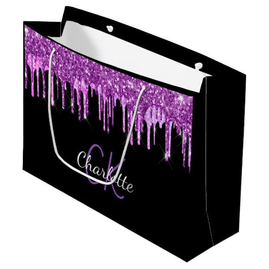 Paarse glitters druppels zwart roze monogram glans groot cadeauzakje (Voorkant Gekanteld)