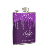 Paarse glitters glazuur monogram naam script  heupfles (Rechts)