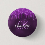 Paarse glitters glinsterende monogram naam ronde button 3,2 cm (Voorkant)