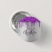 Paarse glitters glinsterende zilveren monogram naa ronde button 3,2 cm (Voorkant /achterkant)