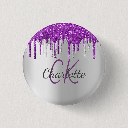 Paarse glitters glinsterende zilveren monogram naa ronde button 3,2 cm (Voorkant)